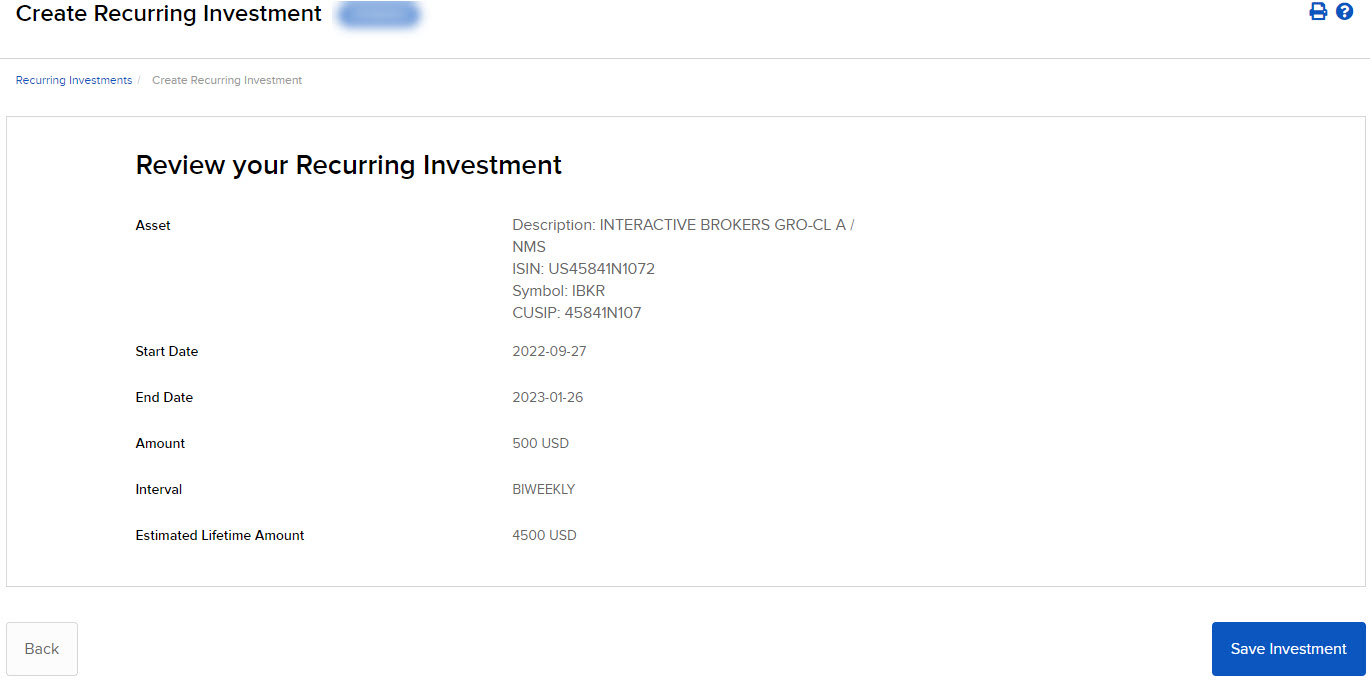 Image of the review your recurring investment panel in Portal. 
